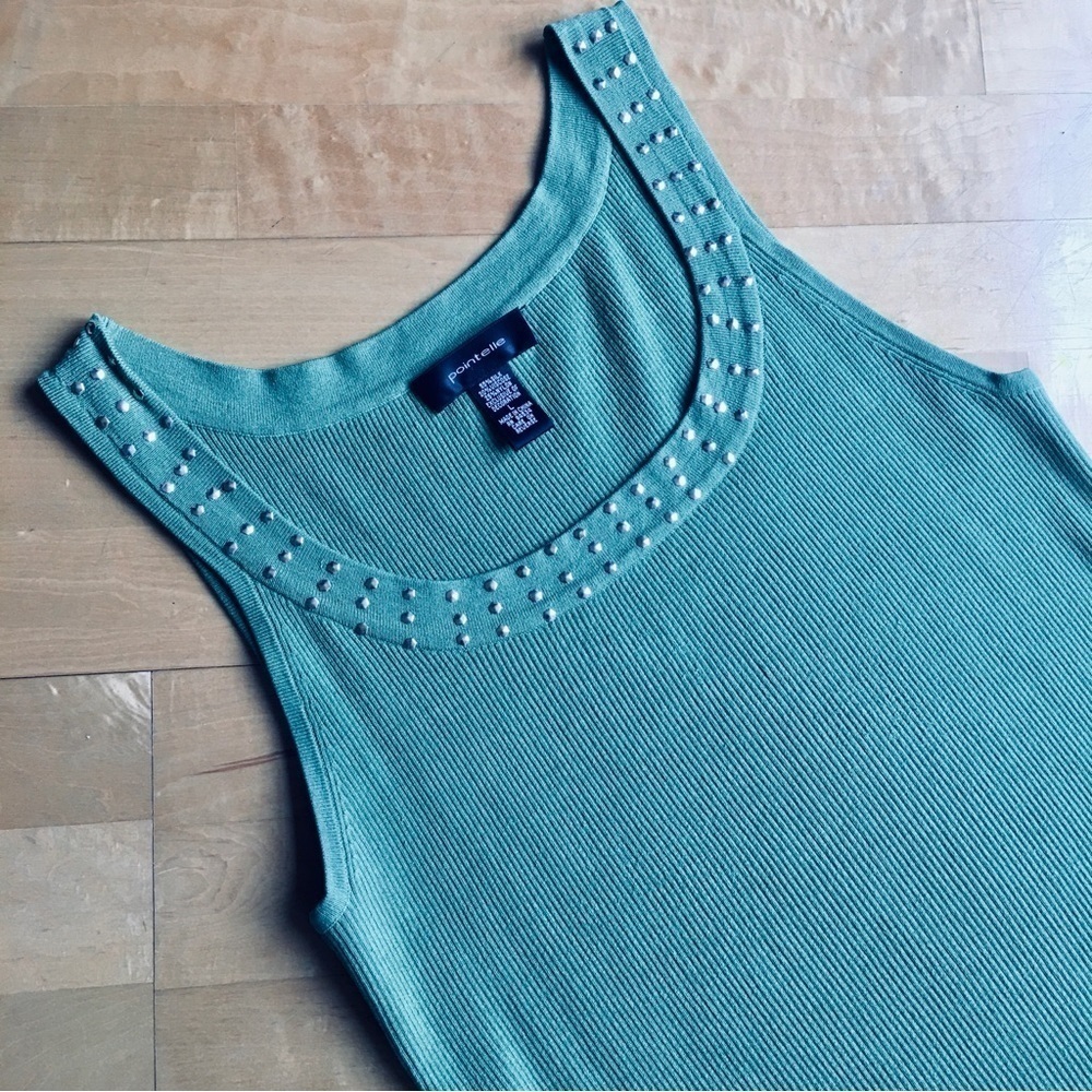 pointelle Ribbed, Gold Studded, Tank Top, Green, Size L